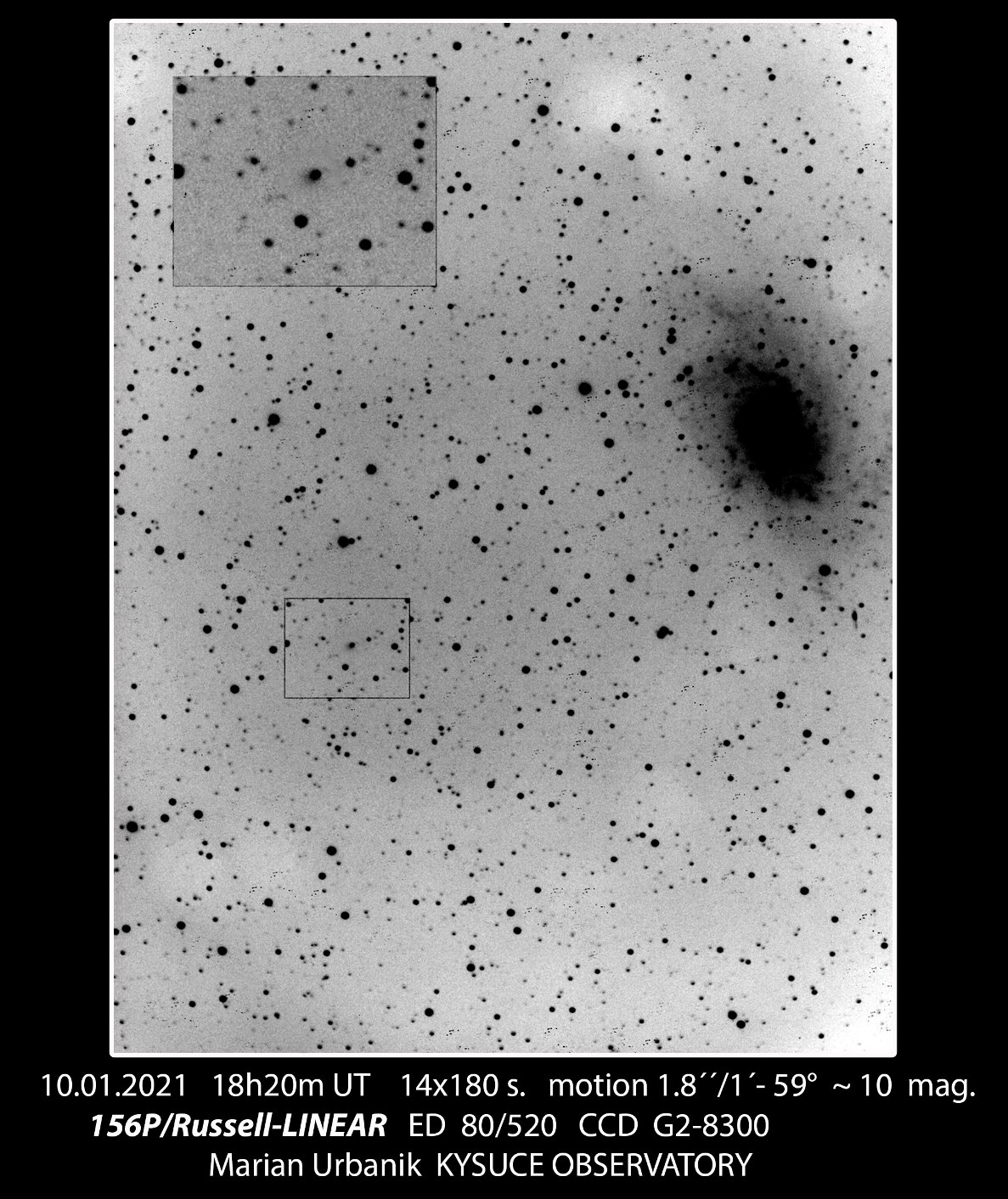 Kométa 156P/Russell-LINEAR v blízkosti galaxie M33. 10.1.2021, 18:20 UT. Autor: M. Urbanik, Krajská hvezdáreň v Žiline